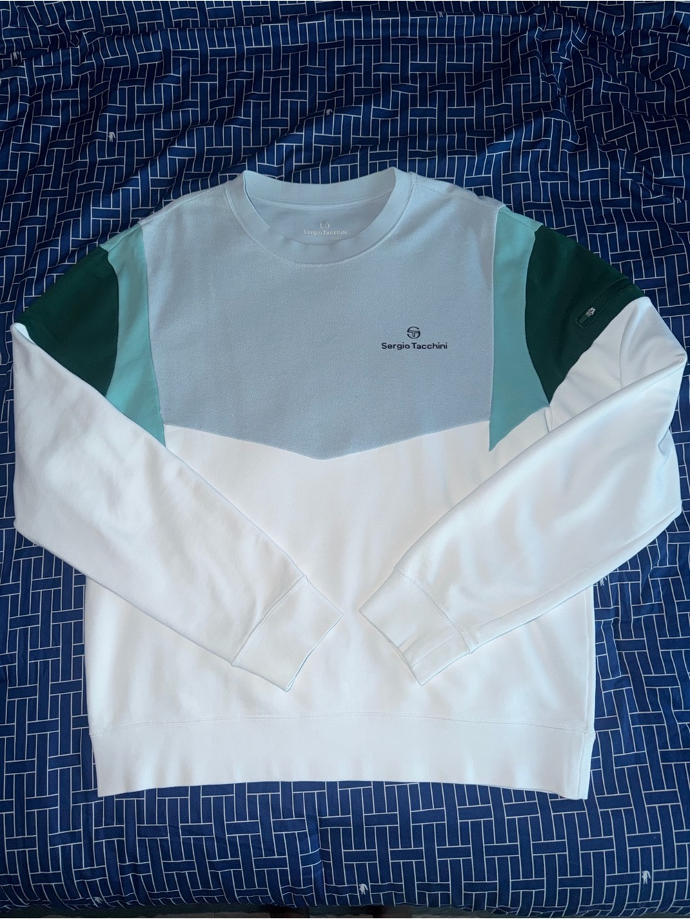Sergio Tacchini White Crewneck Sweater with Light Blue, Teal & Dark Green Panels
